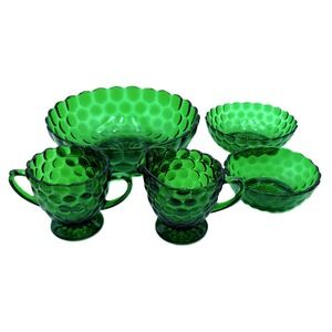 Anchor Hocking 5 Table pcs Forest Green Bubble 3 Bowls, Sugar & Creamer Vtg 50s